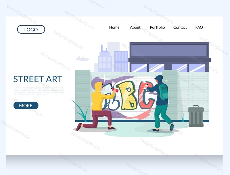 Street art vector website template, web page and landing page design for website and mobile site development. Graffiti art artists teenagers wearing hoodie painting wall with paint spray.