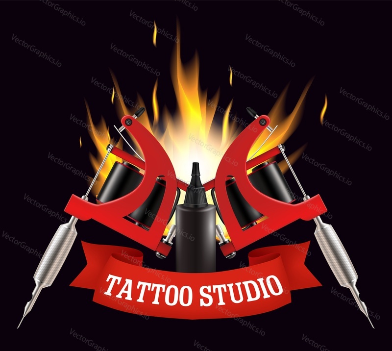 Tattoo studio label, emblem, logo vector template. Two red crossed tattoo machines, ink bottle, ribbon, fire on black background. T-shirt graphics.