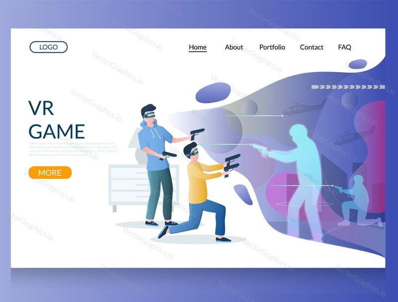 VR game vector website template, web page and landing page design for website and mobile site development. Virtual reality gaming concept.