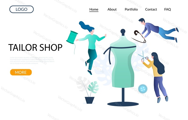 Tailor shop vector website template, web page and landing page design for website and mobile site development. Sewing workshop, atelier, custom clothing concept with micro characters, huge mannequin.