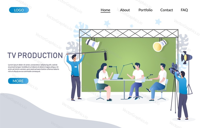 Tv production vector website template, web page and landing page design for website and mobile site development. Television show, live news broadcasting production.