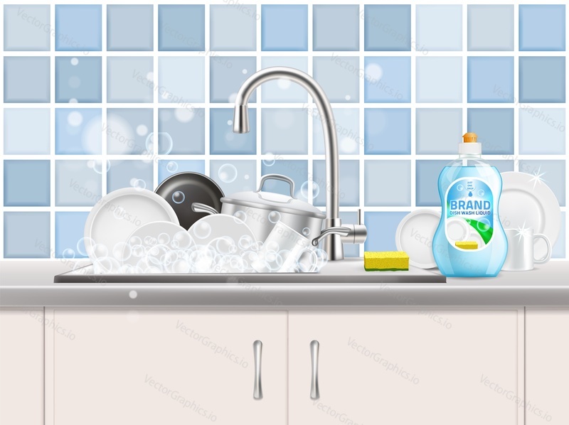 Kitchen sink full of clean cookware and dishes, sponge and dishwashing liquid vector realistic illustration. Dish detergent, dish soap ad poster template.