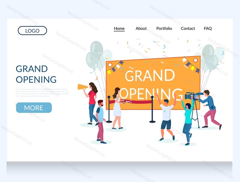Grand opening vector website template, web page and landing page design for website and mobile site development. Restaurant, shop, boutique or other business opening ceremony with characters.