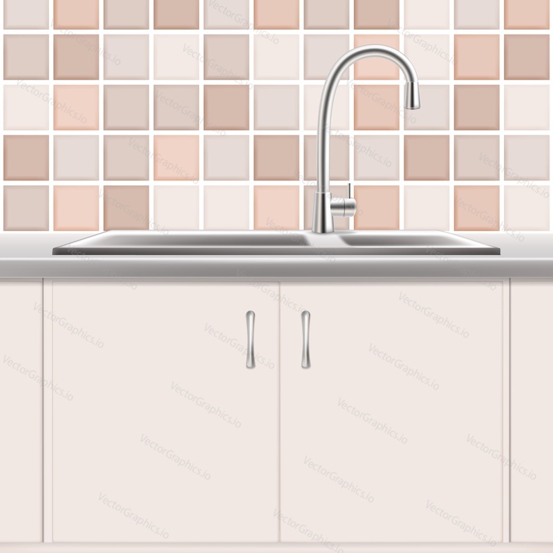 Kitchen sink, vector realistic illustration. Stainless double bowl plumbing product. Kitchen interior.