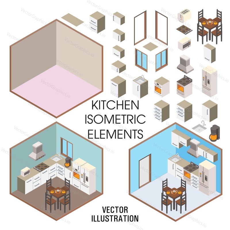 Kitchen interior constructor, vector flat isolated illustration. Isometric cutaway rooms empty and with furniture, window, door, home appliances. Kitchen creator.