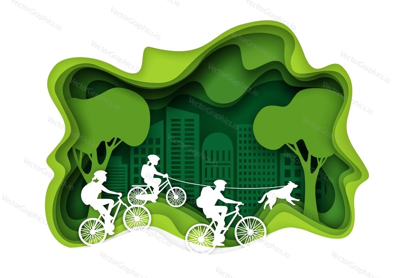 Family biking, vector layered paper cut style illustration. Happy family with backpacks riding bicycles, enjoying outdoor walking. Biking tourism, active weekend concept for poster, banner etc.