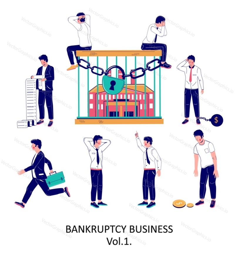 Business bankruptcy character set, vector flat isolated illustration. Desperate sad business people having financial problems, unpaid debts, chained up enterprise building. Business arrest.