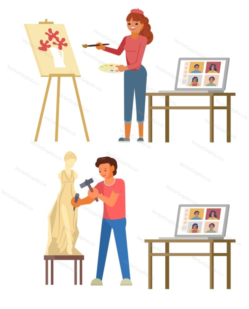 Online art masterclass, vector illustration. Sculptor carving woman sculpture using chisel and hammer, artist painting flowers on easel in front of audience on laptop screen. Art lesson video tutorial