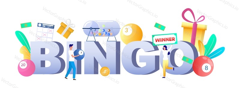 Bingo typography banner template, vector illustration. Raffle drum with balls, gift boxes, lottery ticket, man with lucky ball and happy woman bingo lotto game prize winner. Lottery gambling.