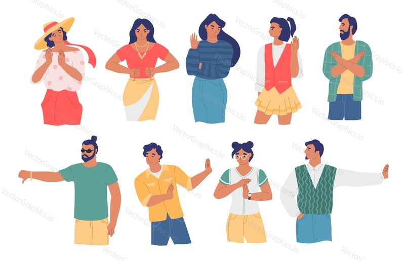 People expressing disagreement or disapproval using different hand gestures, vector flat isolated illustration. Male and female characters showing thumb down, stop, no, block hand gestures to disagree