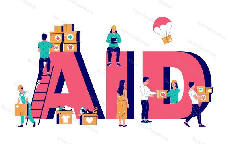 Aid typography vector banner template. Humanitarian aid project composition with social workers volunteers giving donation boxes to needy people. Humanitarian relief, charity and donation.