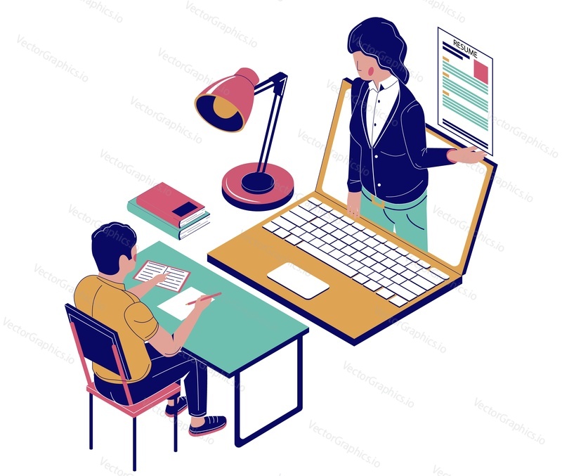 Online job interview, vector flat isometric illustration. Employer and job candidate communicating with each other using internet connection and laptop computer. Online recruitment, video call chat.