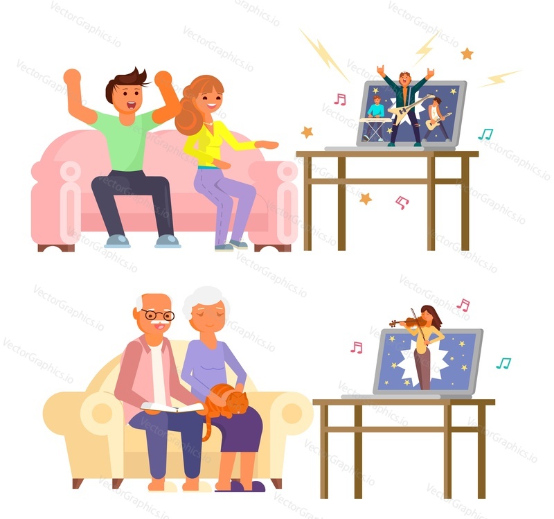 Happy young and elderly couples watching music concert online at home from laptop computers, vector flat illustration. Live streaming virtual concert.