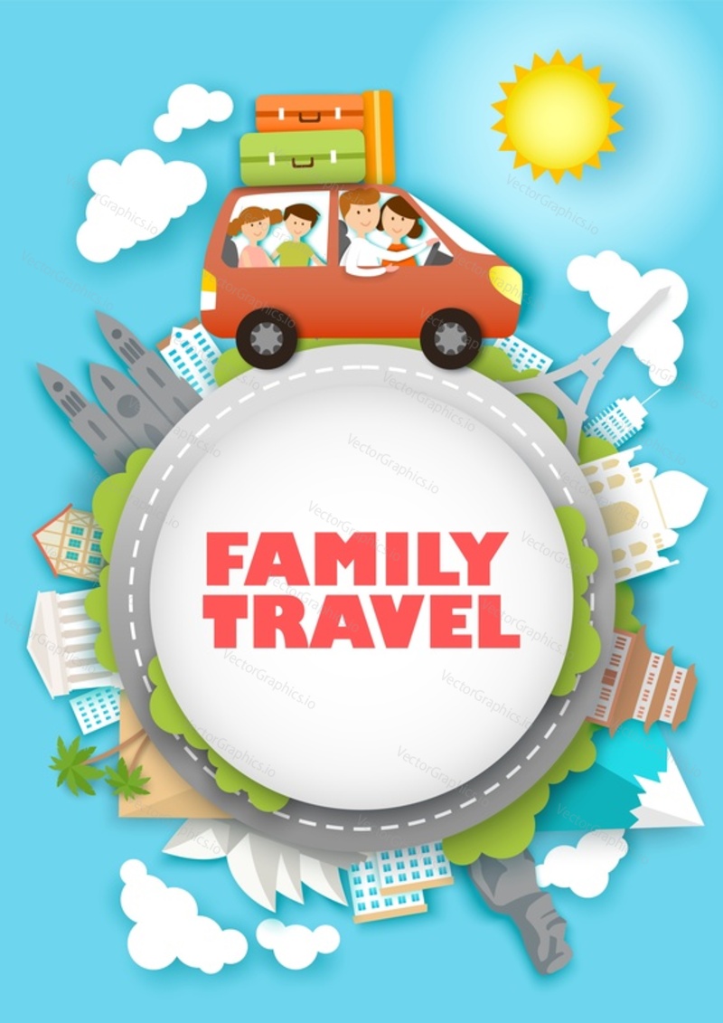 Family travel, vector illustration in paper art style. happy father, mother with two kids traveling by car, world famous landmarks. Family road trip, worldwide tour poster banner template.