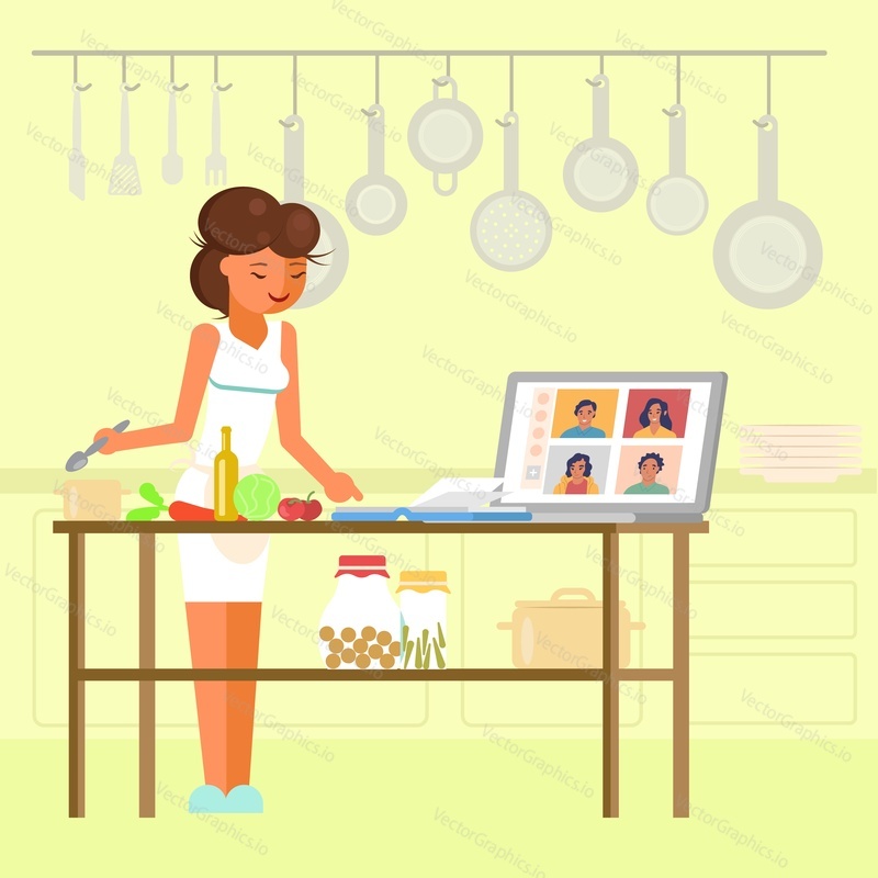Online cooking masterclass, vector flat illustration. Young woman chef preparing food in kitchen in front of laptop computer audience. Online culinary school, distance learning courses in cookery.
