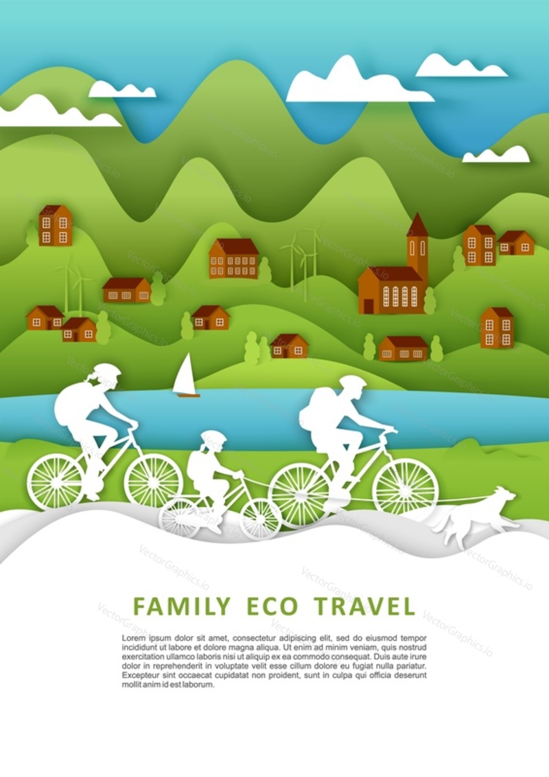 Счастливая семья с рюкзаками, едущая на велосипедах, векторная иллюстрация в стиле бумажного искусства. Семейное эко-путешествие на велосипеде, приключения на свежем воздухе, шаблон плаката для велосипедного туризма.
