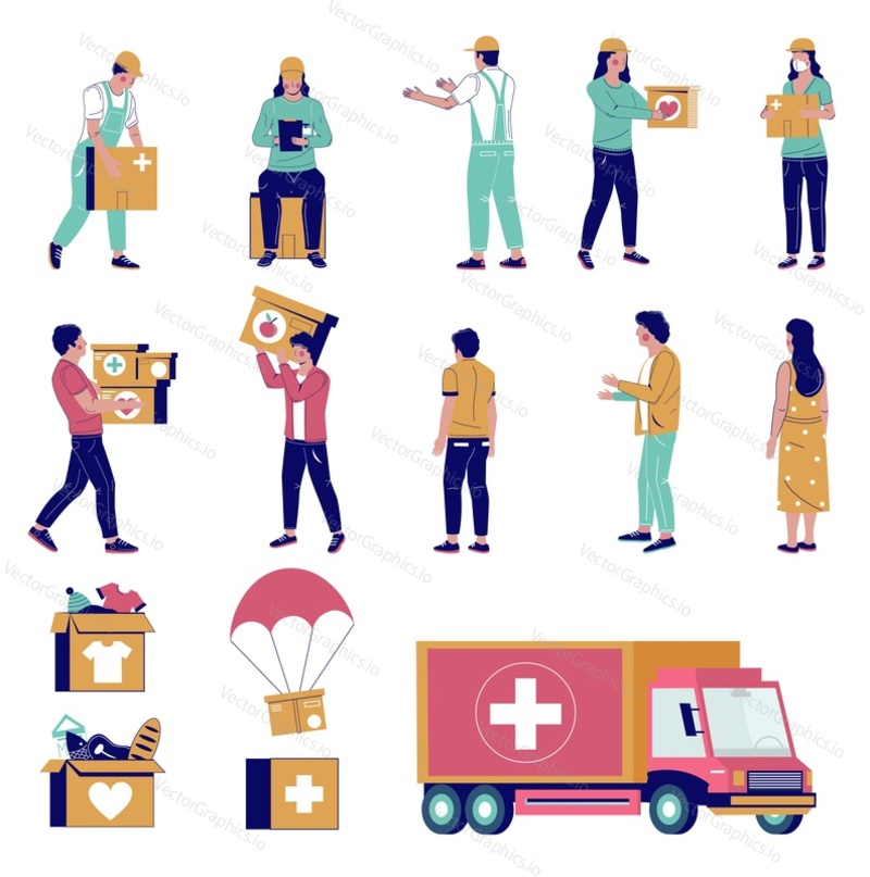 Humanitarian aid characters, vector flat isolated illustration. Volunteers, needy people, donation boxes with food, clothing medical supplies, humanitarian aid truck. Social support, volunteering.
