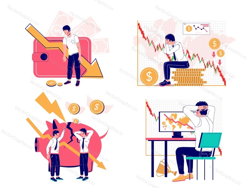 Business people suffering financial losses, vector flat illustration isolated on white background. Savings and loan crisis, company bankruptcy, financial crisis, stock market crash, economic recession