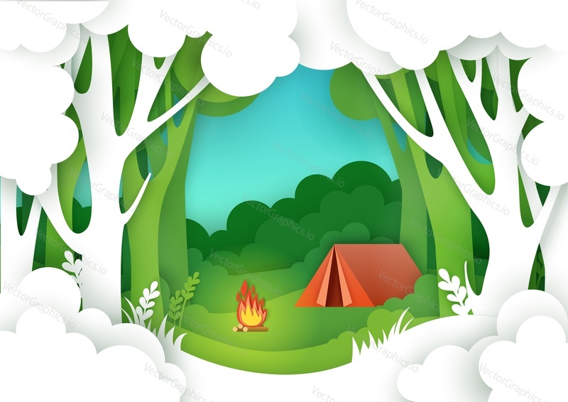 Summer camping in forest, vector illustration in paper art style. Tourist tent and campfire on forest glade. Hiking, trekking, summer vacation poster, banner template.