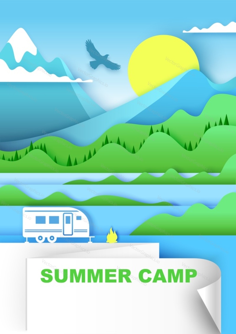 Summer camp, vector illustration in paper art style. Camping trailer and campfire on river bank, beautiful forest and mountain landscape. Caravan camping, summer vacation poster, banner template.