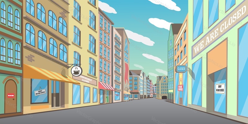 Empty downtown street, vector illustration. Beautiful pedestrian shopping street with closed shops, boutiques, restaurants, cafe. Quarantine, social distancing measures due to corona virus outbreak.