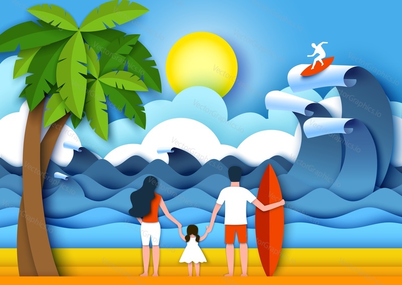 Vector layered paper cut style ocean waves and family with surfboard. Summer vacation, surfing, beach water activities, family travel poster banner template.