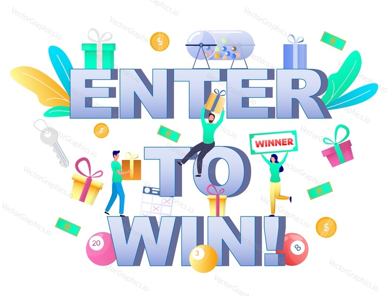 Enter to win typography vector banner template. Raffle drum with balls, lottery ticket, man with gift box, happy woman prize winner. Enter a raffle to win, gambling industry.