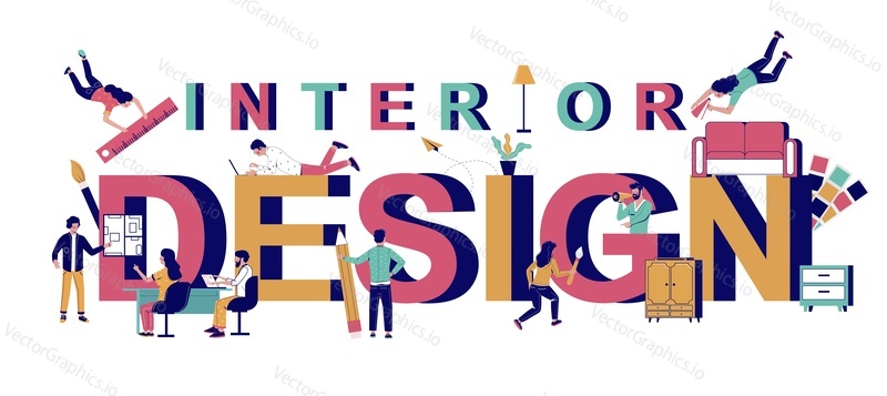 Interior design typography vector banner template. Busy people tiny male and female characters planning home interior decoration and furnishings. Furniture arrangement, interior design studio services
