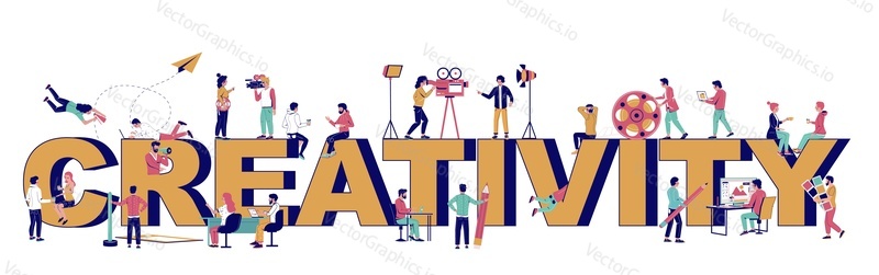 Creativity typography vector banner template. Creative people professions. Graphic and motion designer, digital artist filmmaker creating vector illustration, animated video. Graphic and motion design