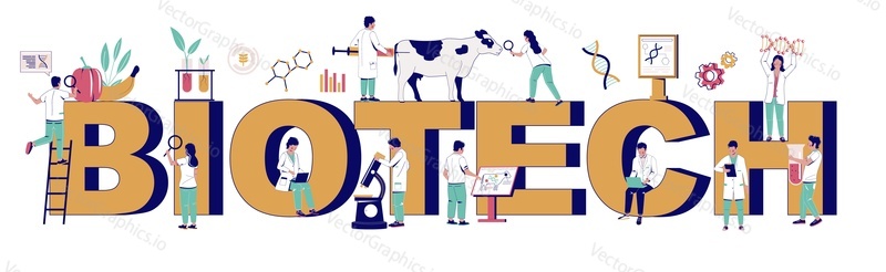 Biotech typography banner template, vector flat illustration. Scientists testing DNA, examining cell cultures and splicing genes. Biotechnology, genetic engineering, genetic modification technology.