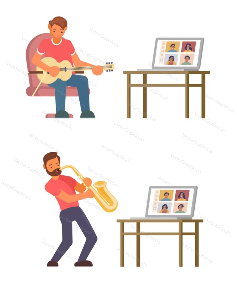 Music masterclass online video course, vector flat illustration. Two male characters musicians playing guitar and saxophone in front of laptop computer. Music art lesson video tutorial, live concert.