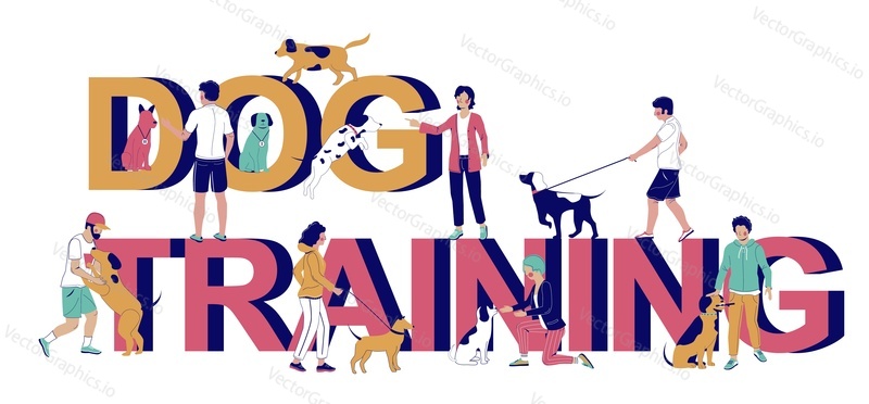 Dog training typography banner template, vector flat illustration. People trainers, pet owners teaching puppies to perform commands, playing games with them. Dog agility, obedience training classes.