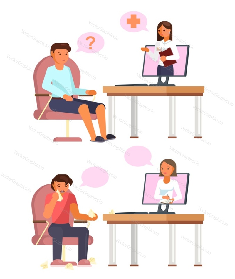 Online doctor consultation, vector flat illustration. Patients communicating with doctors using internet connection and laptop computers. Online counseling, virtual psychological and medical support.