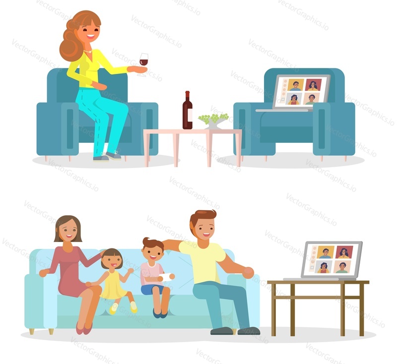 Online friends meeting, vector flat illustration. Happy people communicating with each other using internet connection and laptop. Video conferencing technology, group video chat, virtual party.