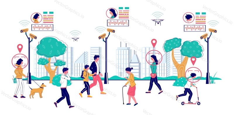 State surveillance, vector flat illustration. People walking along the street with installed cctv cameras. Video surveillance, public security, facial recognition cctv technology.