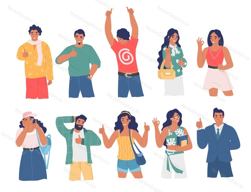 Happy people using ok and thumb up hand gestures while speaking, vector flat isolated illustration. Male and female characters expressing positive emotions and agreement. Consent and approval gestures