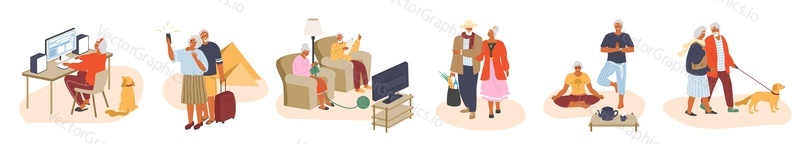 Older people leisure activities set, vector flat illustration. Happy active elderly couples traveling shopping, walking dog, watching tv, meditating doing yoga poses, surfing the net. Active lifestyle