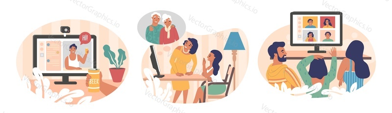 Happy people using video chat app, vector flat isolated illustration. Friends, families communicating via computer and internet connection. Video conferencing technology, group chat application.