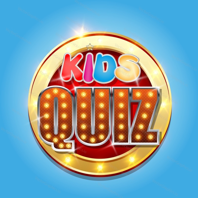 Kids Quiz game logo, signboard with glowing lights, vector realistic illustration. Question competition, knowledge and entertainment quiz show for children.