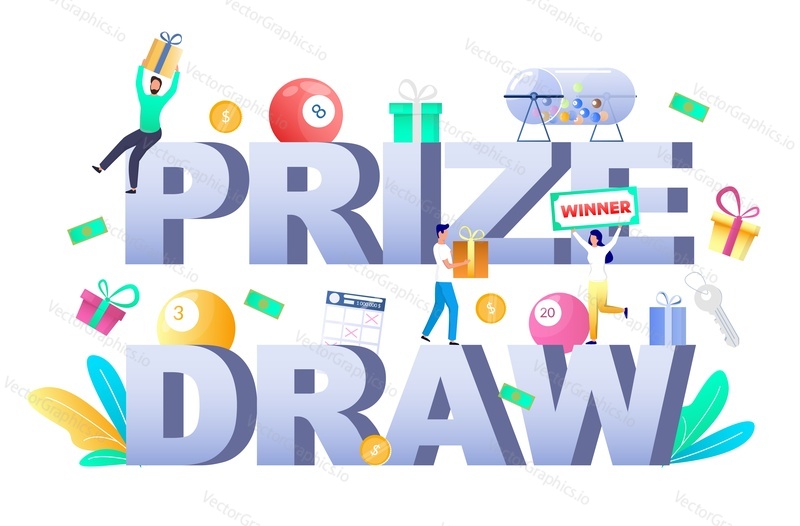 Prize draw typography vector banner template. Raffle drum, lottery ticket, balls, man giving gift box to happy woman winning prize draw.