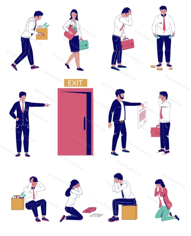 Dismissed office worker set, vector flat isolated illustration. Disappointed and sad employees getting fired from work, boss pointing to the door. Job loss, staff reduction, dismissal from office.