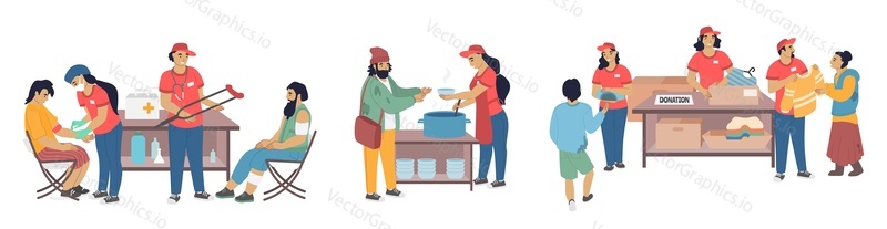 Volunteers donating clothes, providing medical assistance, preparing foods to homeless people, vector flat isolated illustration. Care for homeless, volunteering and charity.