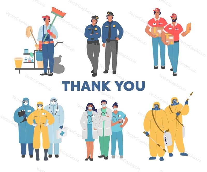 People working on frontlines of corona virus pandemic vector flat illustration. Healthcare workers fighting virus firsthand. Police force delivery cleaning companies staff providing essential services