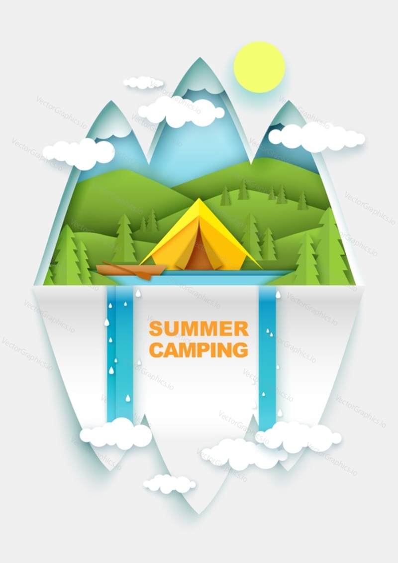 Summer camping, vector illustration in paper art style. Tourist tent on river bank, boat on water, forest hill landscape. Hiking, trekking, fishing, outdoor adventure tourism industry.