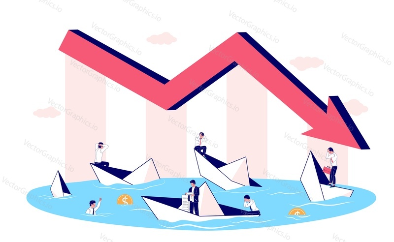 Business bankruptcy, financial crisis concept vector flat illustration. Down arrow chart and many unfortunate business people in sinking paper boats who are unable to repay their outstanding debts.