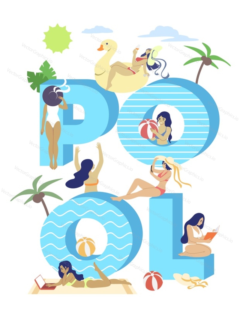 Pool typography vector banner template. Happy girls in swimsuits sunbathing, relaxing on inflatable swan swimming ring, reading book, using laptop, playing ball etc. in swimming pool. Summer vacation.