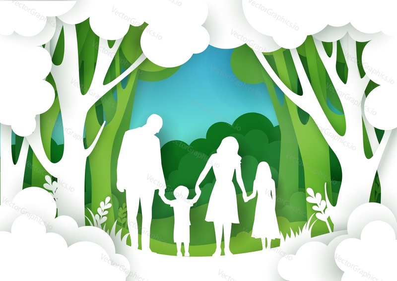 Vector layered paper cut style happy family walking in city park. Father, mother with two kids holding hands enjoying outdoor walking together. Happy family weekend concept for poster, banner etc.