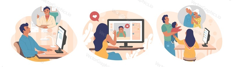 Parents and children, friends, happy couple video chatting, vector flat illustration. Internet communication, live audio and visual connection, video conferencing technology.
