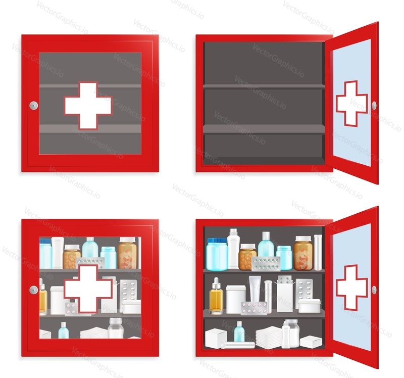 Medical wall box set, vector flat isolated illustration. Red medicine chest first aid kit. Medical cabinet for safe medication storage.