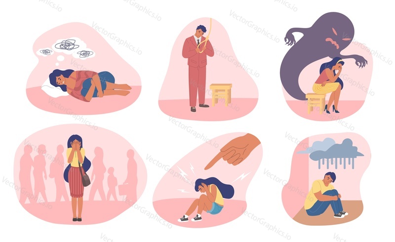 People experiencing sadness, anxiety and fear vector flat illustration. Feelings of disappointment grief hopelessness dampened mood caused by financial, family problems. Negative feelings and emotions